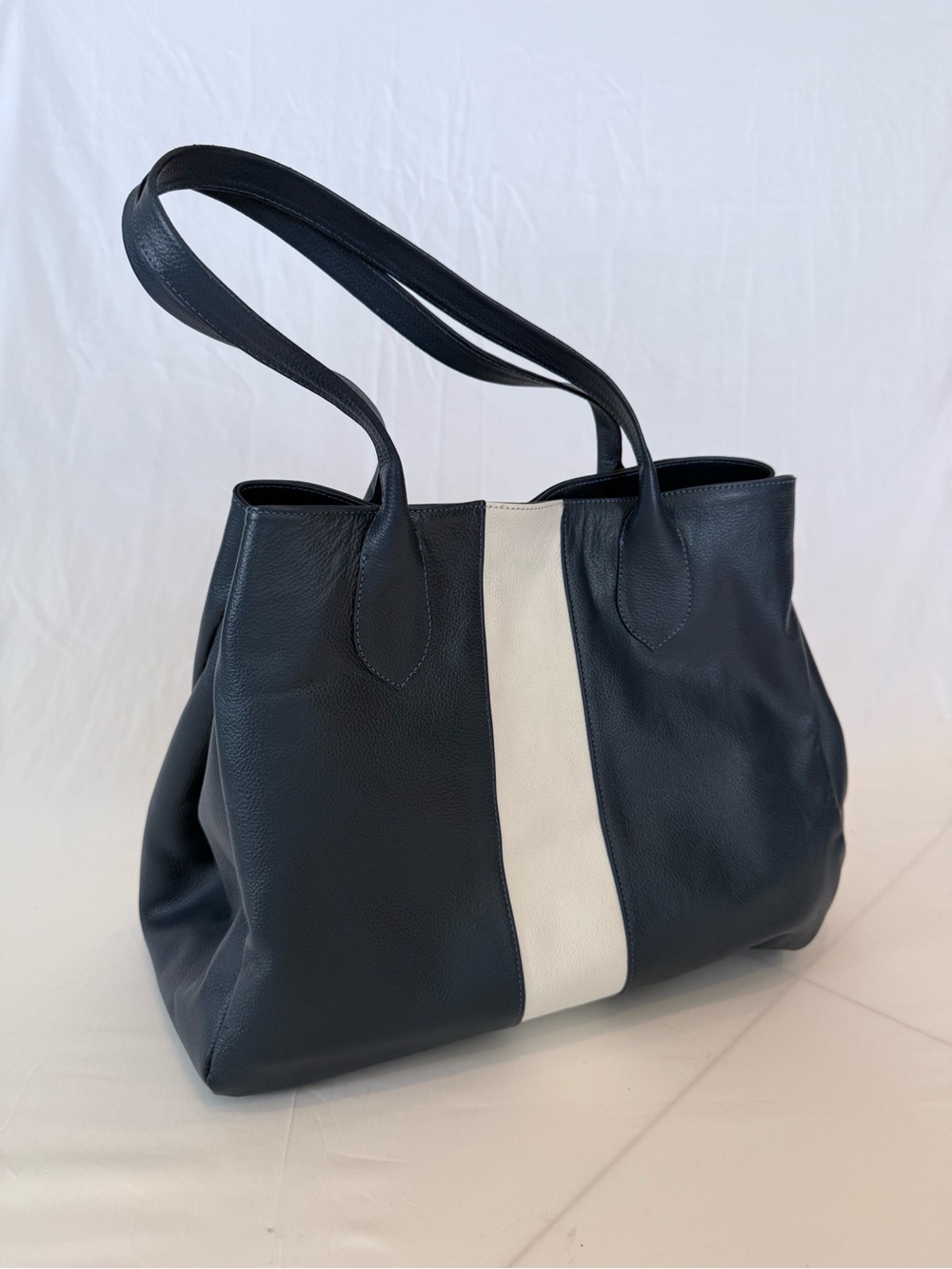 Classic Navy Tote with White Center Stripe - Women's 100%  Leather Shoulder Bag - Picture 4 of 16